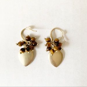 Simple minimalist tiger eye bead gold drop earrings